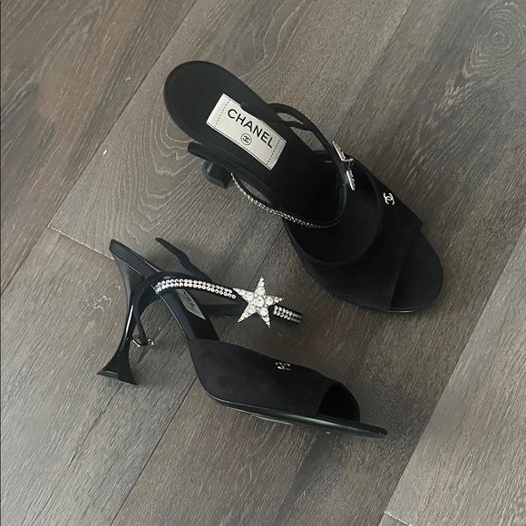 CHANEL Shoes - 38.5 CHANEL Black Crystal Star Slingback Heels